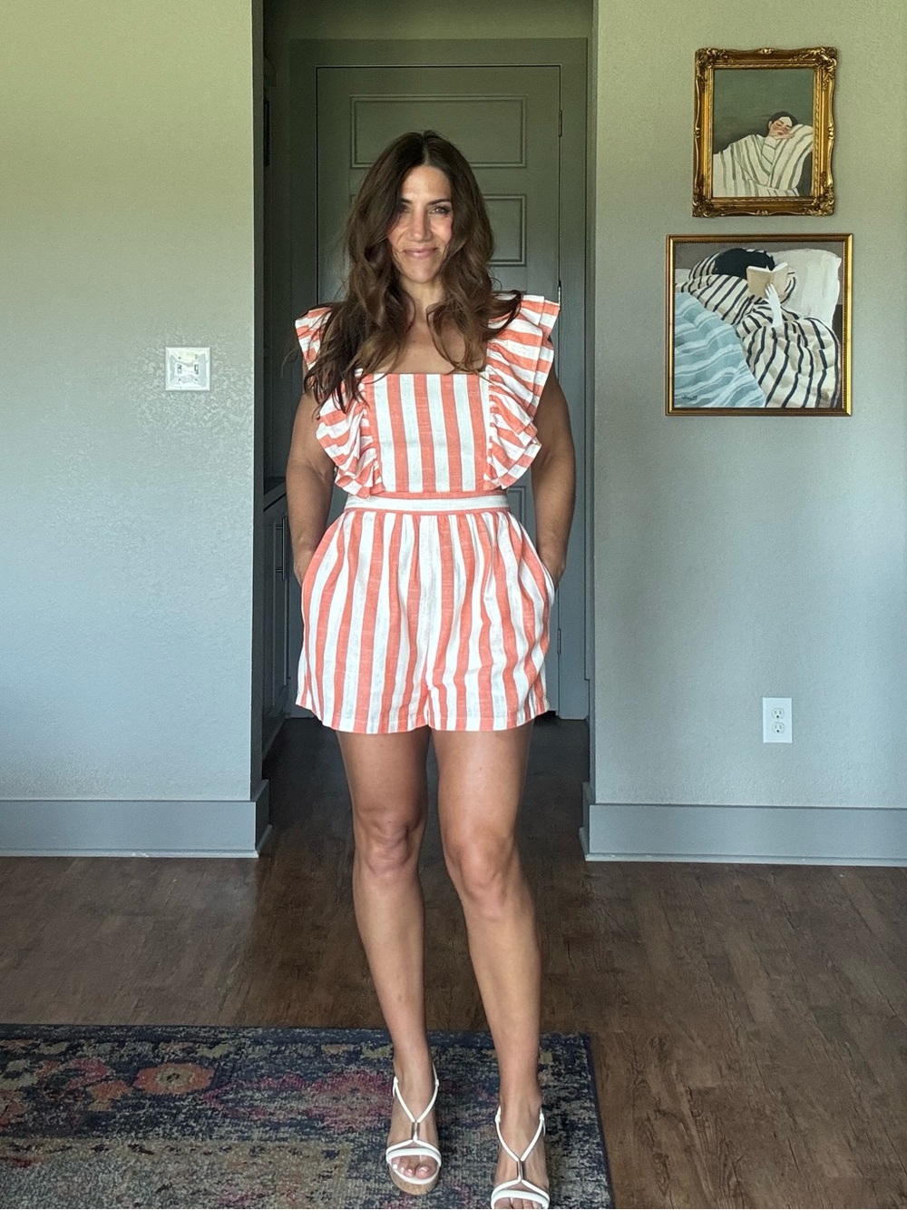 Shop Neighbor Linen Blend Striped Ruffle Sleeve Romper Medium Peach White